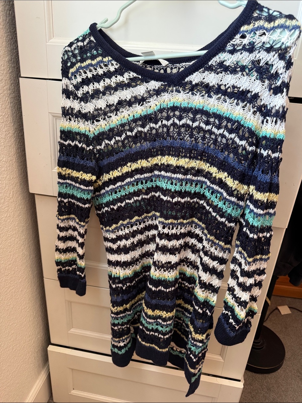 Christopher & Banks Navy, White, Teal & Yellow Striped Open-Knit Sweater